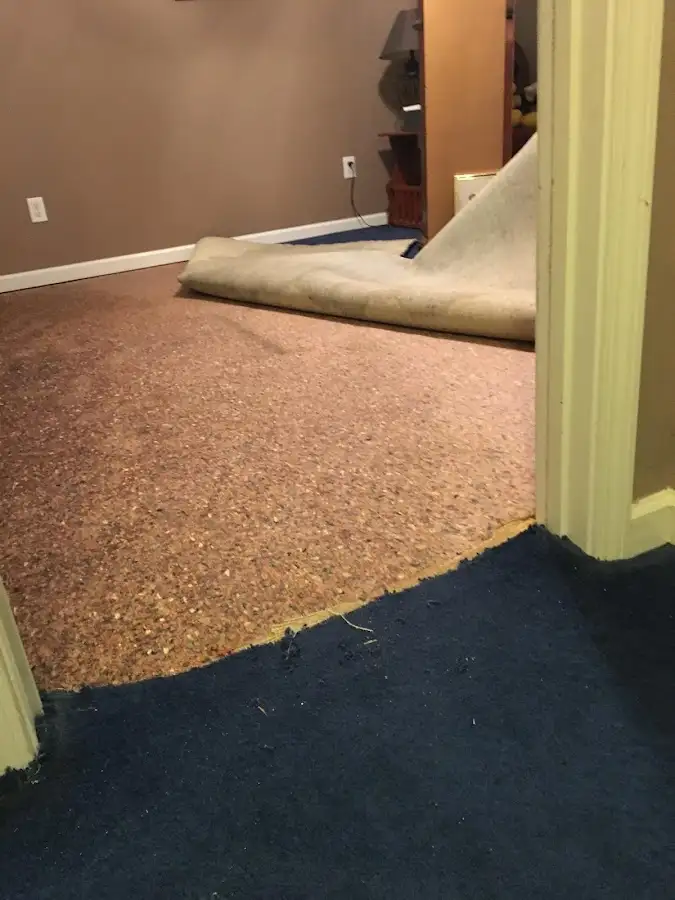Carpet pad removal revealing water damage during Water Mitigation Services in Miami Lakes